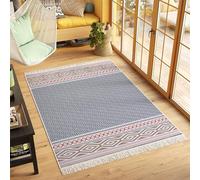 TAPISO Azteca Tapis en Coton à Franges Lavable Réversible Moderne Bleu Beige Marron Marocain Tapis Salon Chambre Petit Tapis Tapis de Passage Oeko-TEX 80 x 200 cm
