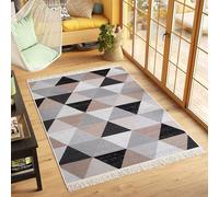 TAPISO Azteca Tapis en Coton à Franges Lavable Réversible Moderne Gris Beige Noir Crème Triangles Tapis Salon Chambre Petit Tapis Tapis de Passage Oeko-TEX 60 x 110 cm