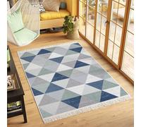 TAPISO Azteca Tapis en Coton à Franges Lavable Réversible Moderne Gris Bleu Vert Crème Triangles Tapis Salon Chambre Petit Tapis Tapis de Passage Oeko-TEX 160 x 230 cm