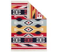 TAPISO Azteca Tapis en Coton à Franges Lavable Réversible Moderne Rouge Jaune Bleu Ethnique Tapis Salon Chambre Petit Tapis Tapis de Passage Oeko-TEX 60 x 110 cm