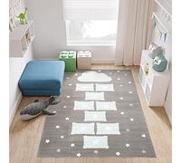 TAPISO Baby Tapis de Chambre Enfant Bébé Fille Garçon Adulte Design Moderne Gris Bleu Clair Blanc Motif Marelle Nuage Étoiles Tapis de Jeu Poil Court Fin Doux Résistant 80 x 150 cm
