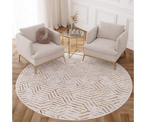 TAPISO Crystal Rond Tapis Poils Courts Moderne Beige Marron Crème Géométrique Effet 3D Brillant Doux Tapis Salon Chambre Descente de Lit Oeko-TEX 100 x 100 cm