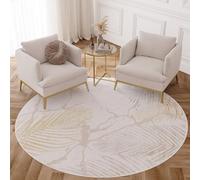 TAPISO Crystal Rond Tapis Poils Courts Moderne Crème Or Beige Blanc Feuilles de Palmier Effet 3D Brillant Doux Tapis Salon Chambre Descente de Lit Oeko-TEX 240 x 240 cm
