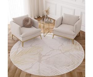TAPISO Crystal Rond Tapis Poils Courts Moderne Crème Or Beige Blanc Feuilles de Palmier Effet 3D Brillant Doux Tapis Salon Chambre Descente de Lit Oeko-TEX 120 x 120 cm