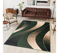 TAPISO Dream Tapis de Salon Chambre Salle à Manger Adulte Bureau Design Moderne Vert Beige Abstrait Motif Ondes Vagues Poil Court Fin Doux Léger Résistant 150 x 300 cm