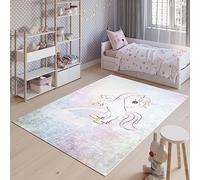 TAPISO Emma Tapis Antidérapant Chambre Enfant Bébé Fille Garçon Adulte Moderne Blanc Rose Jaune Bleu Motif Licorne Tapis de Jeu Poil Court Doux Résistant Lavable 80 x 150 cm