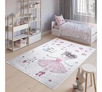 TAPISO Emma Tapis de Chambre Enfant Bébé Ado Jeu Design Moderne Gris Rose Ballerine Chaton Coeurs Poil Court Doux Lisse Fin Léger Confortable Antidérapant Lavable 80 x 150 cm