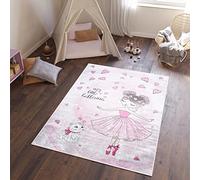 TAPISO Emma Tapis de Chambre Enfant Bébé Ado Jeu Design Moderne Rose Gris Ballerine Chaton Coeurs Poil Court Doux Lisse Fin Léger Confortable Antidérapant Lavable 120 x 170 cm