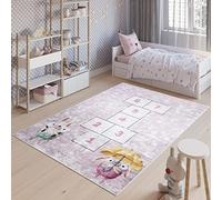 TAPISO Emma Tapis de Chambre Enfant Bébé Ado Jeu Design Moderne Rose Gris Bleu Jaune Marelle Lapins Poil Court Doux Lisse Fin Léger Antidérapant Lavable 120 x 170 cm