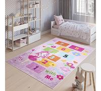 TAPISO Emma Tapis de Chambre Enfant Bébé Ado Jeu Design Moderne Rose Orange Jaune Bleu Marelle Fée Fleurs Papillons Poil Court Doux Lisse Fin Léger Antidérapant Lavable 160 x 230 cm