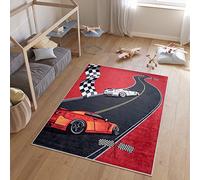 TAPISO Emma Tapis de Chambre Enfant Bébé Ado Jeu Design Moderne Rouge Noir Blanc Voitures de Course Poil Court Doux Lisse Fin Léger Antidérapant Lavable 120 x 170 cm