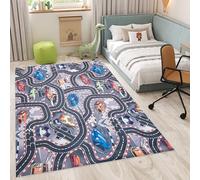 TAPISO Flannel Tapis Chambre Enfant Bébé Fille Garçon Antidérapant Lavable Gris Bleu Orange Tapis de Jeux Circuit Route Course de Voitures Poils Ras Oeko-TEX Résistant 120 x 170 cm
