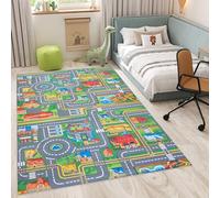 TAPISO Flannel Tapis Chambre Enfant Bébé Fille Garçon Antidérapant Lavable Gris Vert Rouge Bleu Tapis de Jeux Voiture Circuit Route Ville Poils Ras Oeko-TEX Résistant 80 x 150 cm