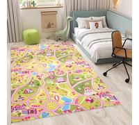 TAPISO Flannel Tapis Chambre Enfant Bébé Fille Garçon Antidérapant Lavable Rose Vert Bleu Blanc Tapis de Jeux Voiture Circuit Route Ville Poils Ras Oeko-TEX Résistant 140 x 200 cm