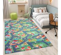 TAPISO Flannel Tapis Chambre Enfant Bébé Fille Garçon Antidérapant Lavable Vert Gris Bleu Rouge Tapis de Jeux Voiture Circuit Route Ville Poils Ras Oeko-TEX Résistant 80 x 150 cm