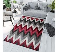 TAPISO Jawa Tapis de Salon Chambre Ado Design Moderne Rouge Gris Crème Géométrique Zigzags Fin Deux Frise 80 x 150 cm
