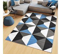TAPISO Maya Tapis Poil Court Moderne Bleu Gris Blanc Géométrique Motif Mosaïque Trapèze Tapis Salon Chambre Salle à Manger Adulte Bureau Oeko-TEX Résistant 200 x 250 cm