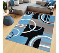 TAPISO Maya Tapis Poil Court Moderne Bleu Gris Noir Blanc Géométrique Motif Lignes Cercles Tapis Salon Chambre Salle à Manger Adulte Bureau Oeko-TEX Résistant 130 x 190 cm