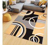 TAPISO Maya Tapis Poil Court Moderne Jaune Gris Noir Blanc Géométrique Motif Lignes Cercles Tapis Salon Chambre Salle à Manger Adulte Bureau Oeko-TEX Résistant 200 x 250 cm