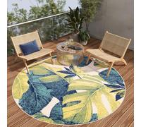 TAPISO Patio Rond Tapis Extérieur Intérieur Terrasse Balcon Jardin d'hiver Cuisine Salon Moderne Vert Bleu Jaune Feuilles Aspect 3D Résistant aux Intempéries Oeko-TEX 160 x 160 cm