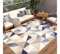 TAPISO Patio Tapis Extérieur Intérieur Terrasse Balcon Jardin d'hiver Cuisine Salon Moderne Bleu Beige Gris Mosaïque Aspect 3D Résistant aux Intempéries Oeko-TEX 160 x 220 cm