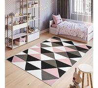 TAPISO Pimky Tapis de Chambre Enfant Bébé Fille Garçon Adulte Design Moderne Rose Gris Blanc Noir Géométrique Motif Triangles Tapis de Jeu Poil Court Fin Doux Lisse Résistant 180 x 250 cm