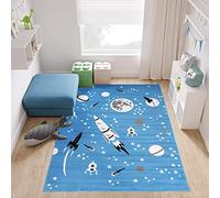 TAPISO Pinky Tapis de Chambre Enfant Bébé Fille Garçon Adulte Design Moderne Bleu Blanc Moitif Fusées Spatiales Planètes Tapis de Jeu Poil Court Fin Doux Résistant 140 x 200 cm