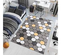 TAPISO Pinky Tapis de Chambre Enfant Bébé Fille Garçon Adulte Design Moderne Gris Jaune Blanc Motif Géométrique Tapis de Jeu Poil Court Fin Doux Résistant 140 x 200 cm