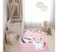 TAPISO Pinky Tapis de Chambre Enfant Bébé Fille Garçon Adulte Design Moderne Rose Blanc Gris Motif Petit Lapin Cœurs Tapis de Jeu Poil Court Fin Doux Résistant 80 x 150 cm