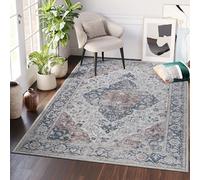 TAPISO Ritz Tapis Poils Ras Antidérapant Lavable Vintage Gris Marron Bleu Ornamental Bordé Tapis Salon Chambre Salle à Manger Entrée OEKO-TEX 140 x 200 cm