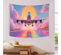 Tapisserie 3D Imprimée Avion au Lever du Soleil, Nappe En Polyester Doux Artistique Haute Définition Ciel Coloré, Décoration Lavable Pour Chambre & Salon Unique Cadeau 130cmx150cm