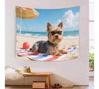 Tapisserie 3D Imprimée Yorkshire sur la Plage, Nappe En Polyester Doux Artistique Haute Définition Chien Cool, Décoration Polyvalente Pour Chambre & Salon Unique Cadeau 180cmx230cm
