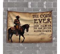 Tapisserie amusante « A Cowboy Rides His Horse Under A Sign Reading The Code Ever » - Tapisserie décorative amusante pour bar avec mots (75 x 100 cm)