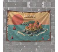 Tapisserie amusante pour chambre à coucher Hadess: une retraite île sereine avec voiles rouges - Art mural - Objet asthique pour chambre (100 x 150 cm)