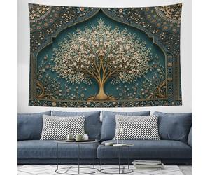 Tapisserie Arbre Décoratif Tapisserie Tenture Murale Motifs Persans Traditionnels Couverture Murales Tissu D'Impression Rectangulaire pour Maison Salon Chambre Dortoir - 200x150 cm, Vert Émeraude