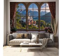 Tapisserie Art Mural Vue D'Une Fenêtre D'Architecture Nordique Tenture Forêt Naturelle Vert Brun Aesthetic Tenture Murale Décor Maison Pour Chambre Salon Serviette De Plage Tapisserie Murale 230X150Cm