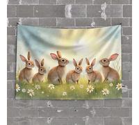 Tapisserie avec mots Six lapins mignons dans un champ fleuri Tapisserie Accessoires de garage pour homme grotte accessoire de chambre fraîche (75 x 100 cm)