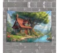 Tapisserie « Cave Man Bar Idyllic Cottage By The River » pour chambre de garçon (100 x 150 cm)