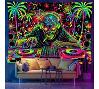 Tapisserie crâne noir réactif aux UV néon DJ squelette à accrocher au mur Art psychédélique pour fête d'Halloween Brille dans le noir Chambre à coucher Salon Décoration intérieure