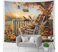 Tapisserie d'automne lever du soleil, oiseaux et citrouilles à carreaux à suspendre, art mural confortable pour chambre à coucher, salon, porche 101,6 x 152,4 cm