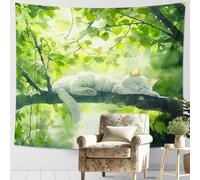 Tapisserie de chat à feuilles vertes, animal félin blanc, art mural esthétique à suspendre pour chambre à coucher, salon, décoration printanière, pièce fonctionnelle confortable de 152,4 x 101,6 cm