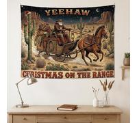 Tapisserie de Noël avec citation de cowboy Western 101,6 x 76,2 cm | Thème occidental, tenture murale en tissu, paysage désert, traîneau tiré par des chevaux, art mural rustique, style sud-ouest