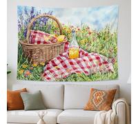 Tapisserie de panier de pique-nique d'été, couverture à carreaux rouges et blancs à suspendre au mur, tapisserie vibrante pour salon, chambre à coucher, décoration de dortoir, 203 x 152,4 cm