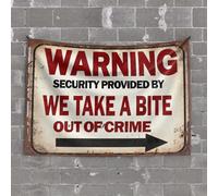 Tapisserie décorative de bar sportif avec avertissement de sécurité fournie par We Take A Bite Out Of Crime Tapisserie personnalisée Décoration de chambre amusante (100 x 150 cm)