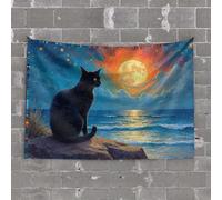 Tapisserie décorative pour homme, motif chat noir assis sur une rive rocheuse pour décoration de porte de chambre à coucher (100 x 150 cm)