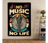 Tapisserie drapeau No Music No Life pour la maison et l'extérieur - Affiche d'art en métal dur punk à suspendre - Bar Café Bière Maison Décoration intérieure 16,9 x 145,2 cm