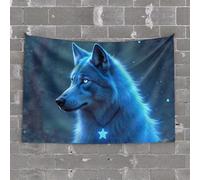 Tapisserie en forme de caverne représentant un loup bleu avec étoile dans la forêt - Décoration de bar esthétique - 75 x 100 cm