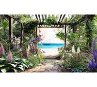 Tapisserie et rideau de jardin avec vue sur la mer des Caraïbes - Décoration murale d'extérieur imperméable à l'eau - Pergola tropicale et clôture côtière 300 x 180 cm (l x H)