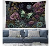 Tapisserie Fleurs Pavot Papillons Ciel Nocturne Tenture Murale Réalisme Magique Couverture Murales Tissu D'Impression Rectangulaire pour Maison Salon Chambre Dortoir - 150x130 cm, Vert Sauge
