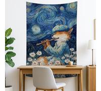 Tapisserie florale bohème à suspendre au mur pour chambre à coucher, salon, dortoir - Motif renard - Bleu et orange - 101,6 x 152,4 cm